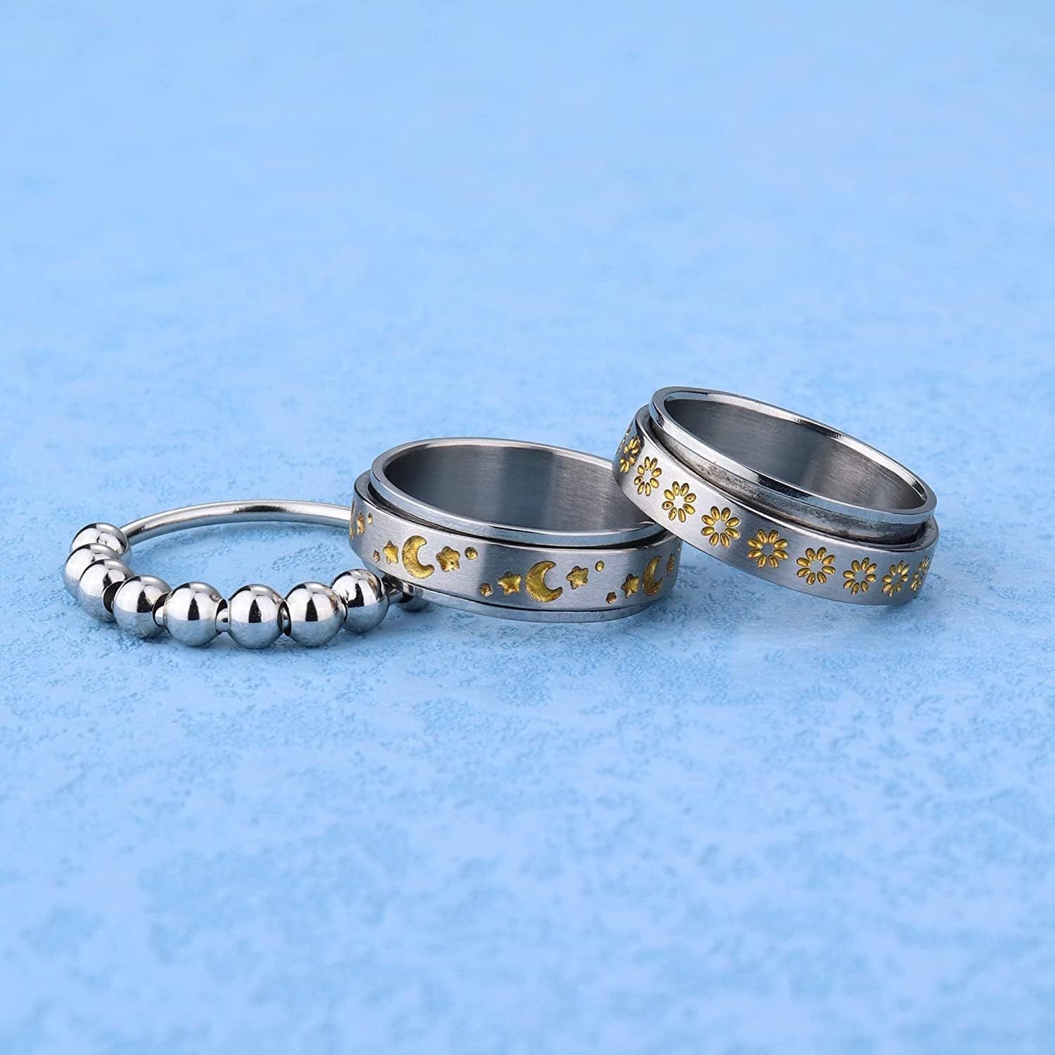 6pcs 316L Stainless Steel Spinner Rings Fidget Rings for Anxiety Men Anti Anxiety Ring with Beads Sunflower Moon Star Stress Relieving Rings Set, for Teenager