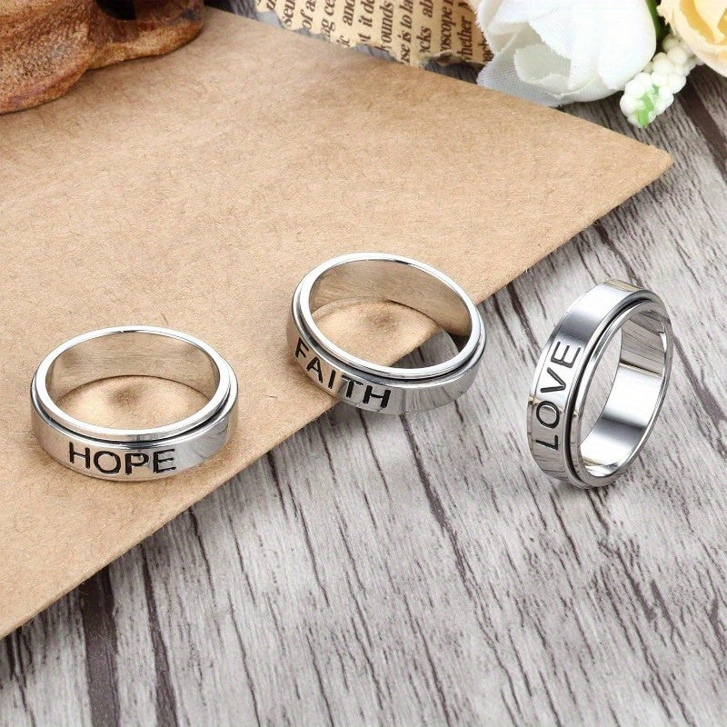[Cool Fidget Spinner Rings] 3pcs Stainless Steel Fidget Spinner Rings Set | Cool Fidget Band for Women & Men, 6MM Wide Love Faith Hope Inspirational Wedding Promise Band Ring Set