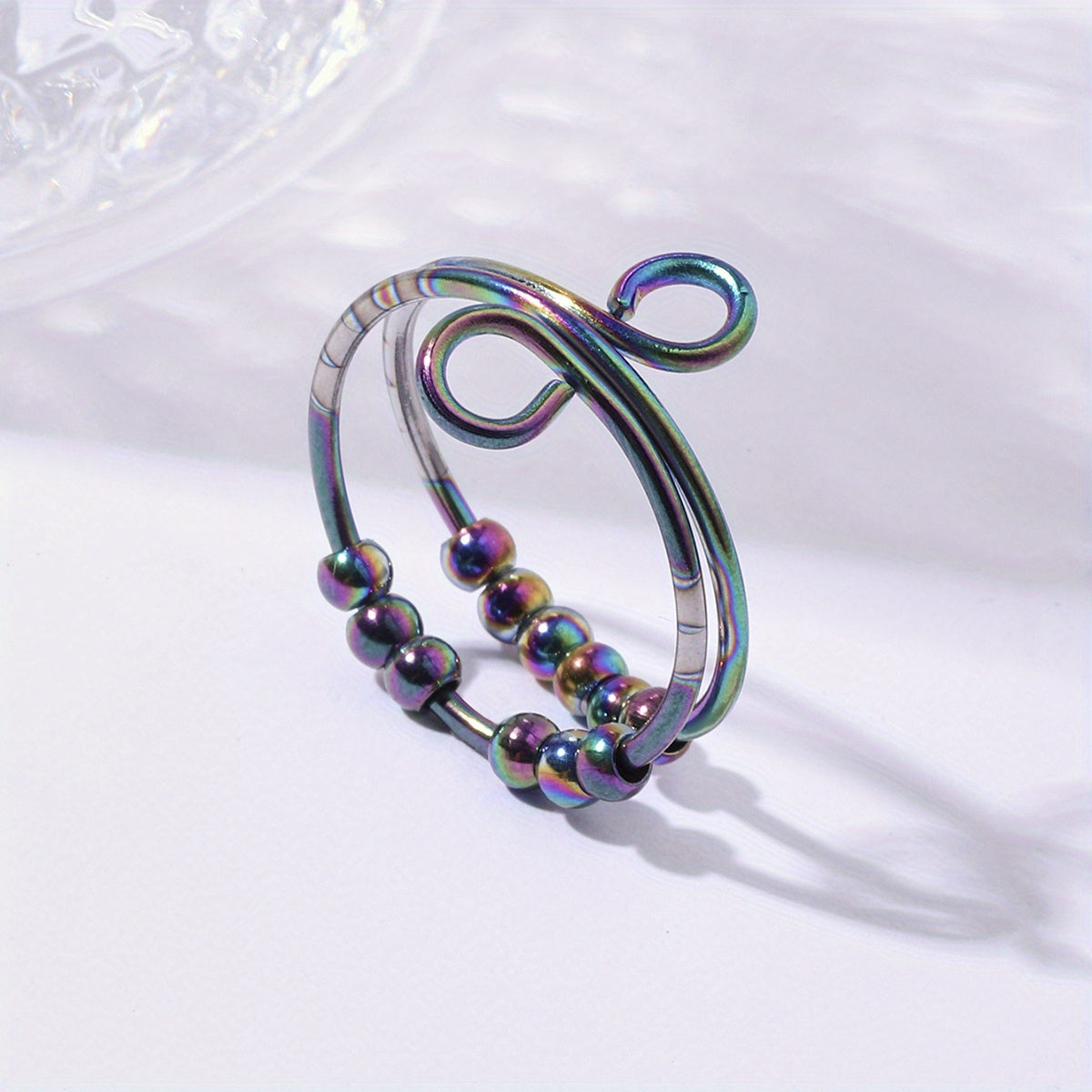 [Anxiety Relief Ring] 1pc Adjustable Stainless Steel Infinity Anxiety Relief Ring | Creative Open Design with Colorful Beads, Fidget Spinner Ring Gift for Women and Girls