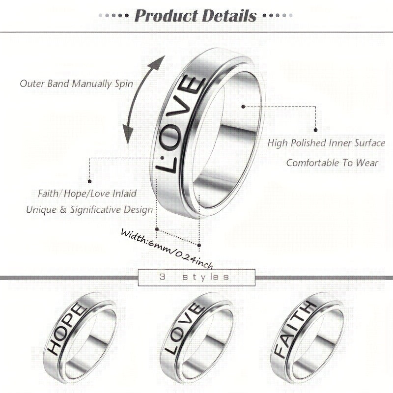 [Cool Fidget Spinner Rings] 3pcs Stainless Steel Fidget Spinner Rings Set | Cool Fidget Band for Women & Men, 6MM Wide Love Faith Hope Inspirational Wedding Promise Band Ring Set