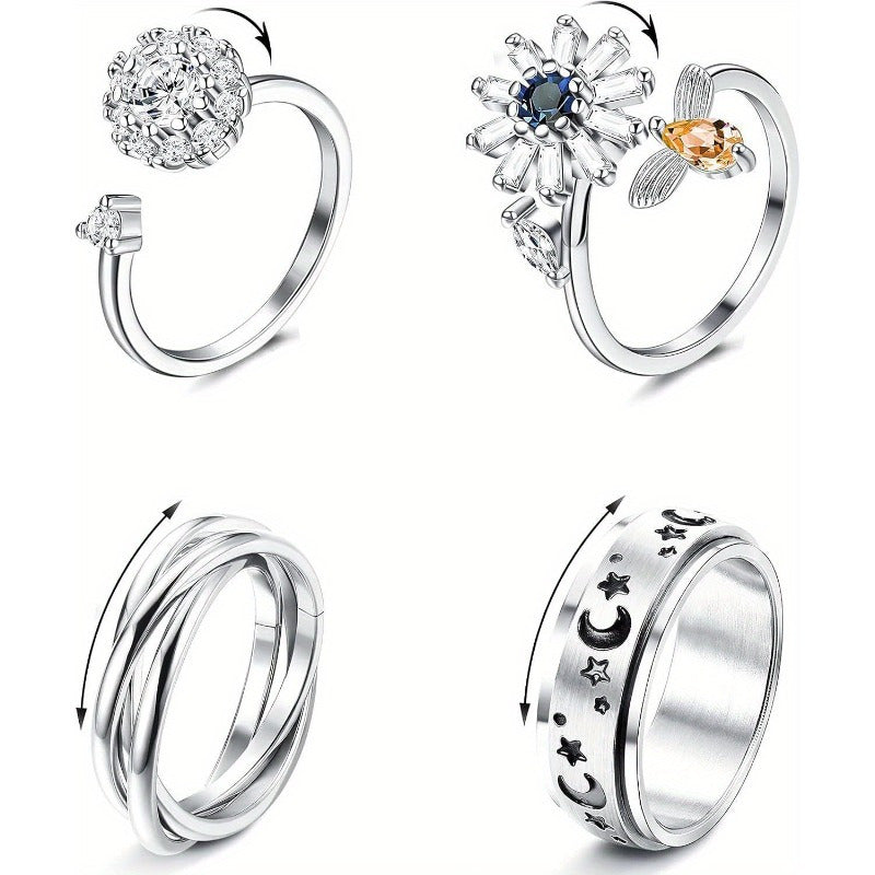 [Stainless Steel] Fidget Spinner Rings | Four | 316L Stainless Steel | Suitable For Both Women And Men | Ideal For Wedding Or Promise Purposes