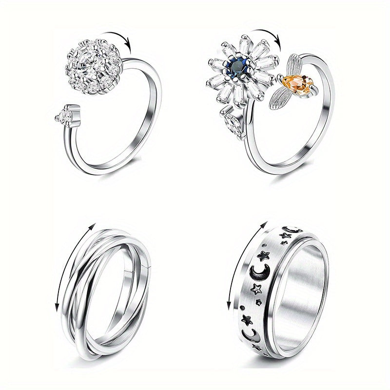 [Elegant Spinner Rings Set] 4pcs Stainless Steel Spinner Rings Set | Fidget Anxiety Relief Rings for Men and Women, Elegant Y2K Style, Ideal for Parties and Gifts