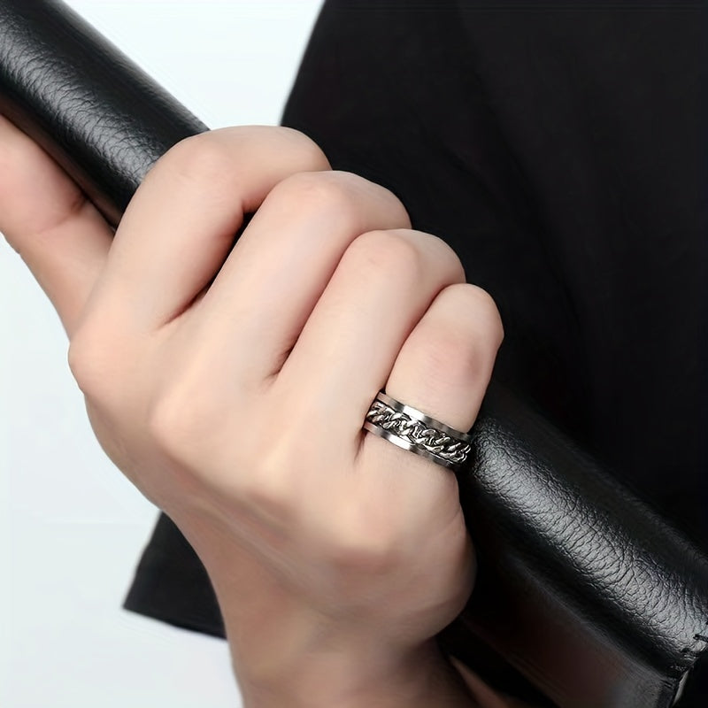 Hip Hop Style Band Ring Made Of Stainless Steel Rotatable Chain Design In The Middle Suitable For Men And Women Anxiety/ Fidget Ring