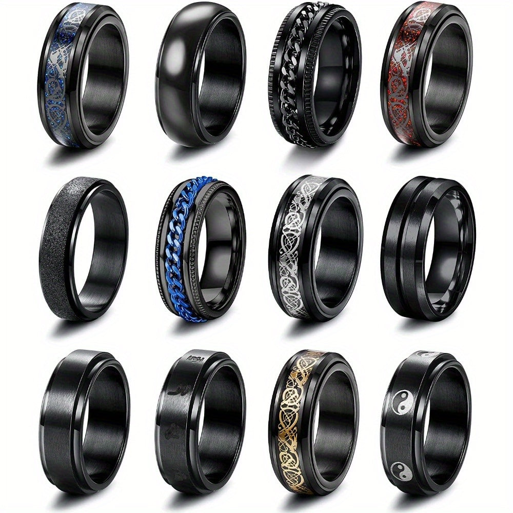 [Fidget Spinner Rings] 12pcs 316L Stainless Steel Spinner Rings | Fidget Anxiety Ring for Men, Dragon Pattern, Beveled Edges, Celtic Black Rings, Stress Relieving Wedding Promise Band Ring Set