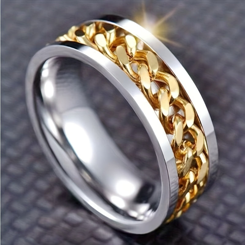 Hip Hop Style Band Ring Made Of Stainless Steel Rotatable Chain Design In The Middle Suitable For Men And Women Anxiety/ Fidget Ring