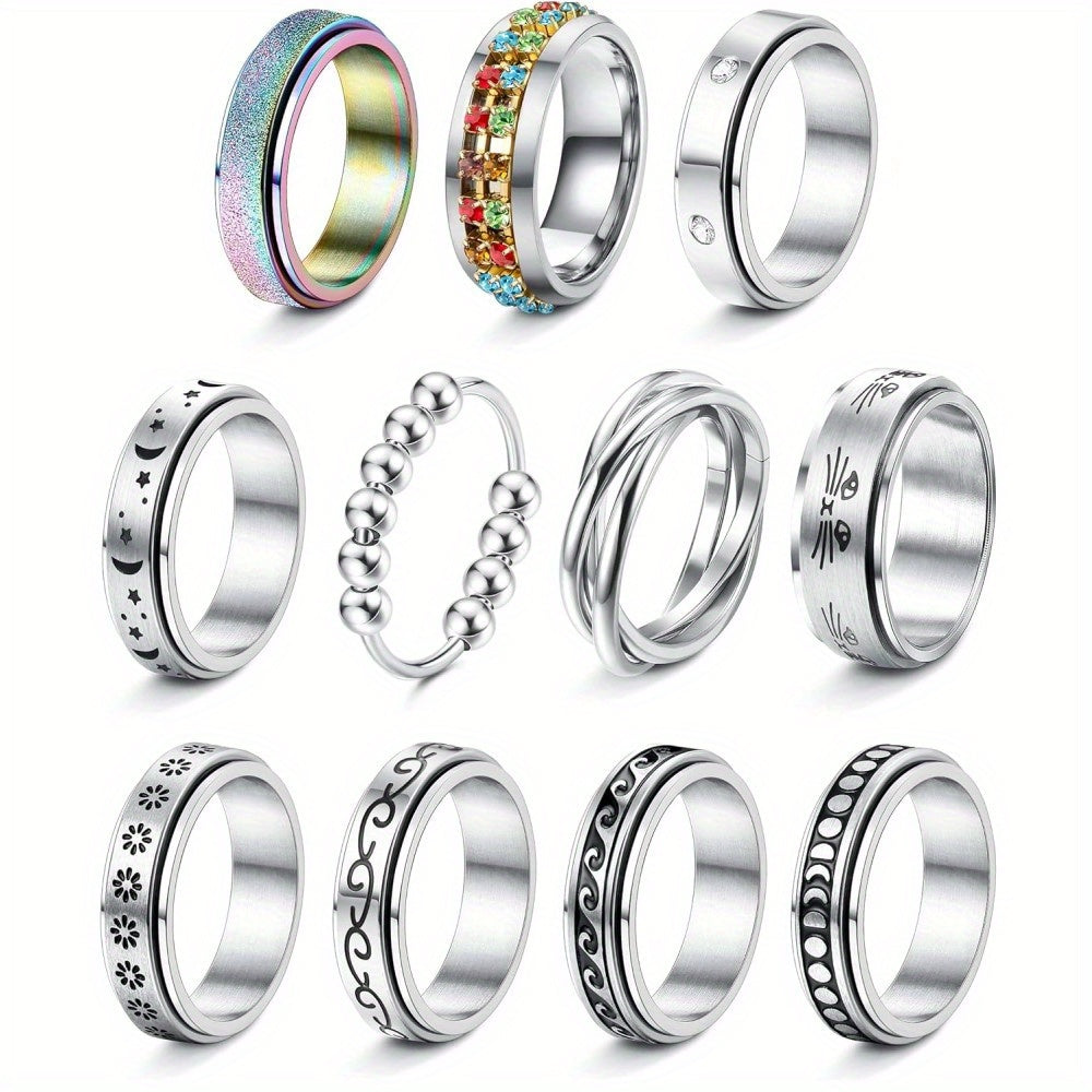 11pcs Fidget Ring for Muti-style 316L Stainless Steel Fidget Rings for Men for Anxiety Cool Spinner Rings for Anti Anxiety Rings for Stress Reliving Spinning Rings Set, for Teenager