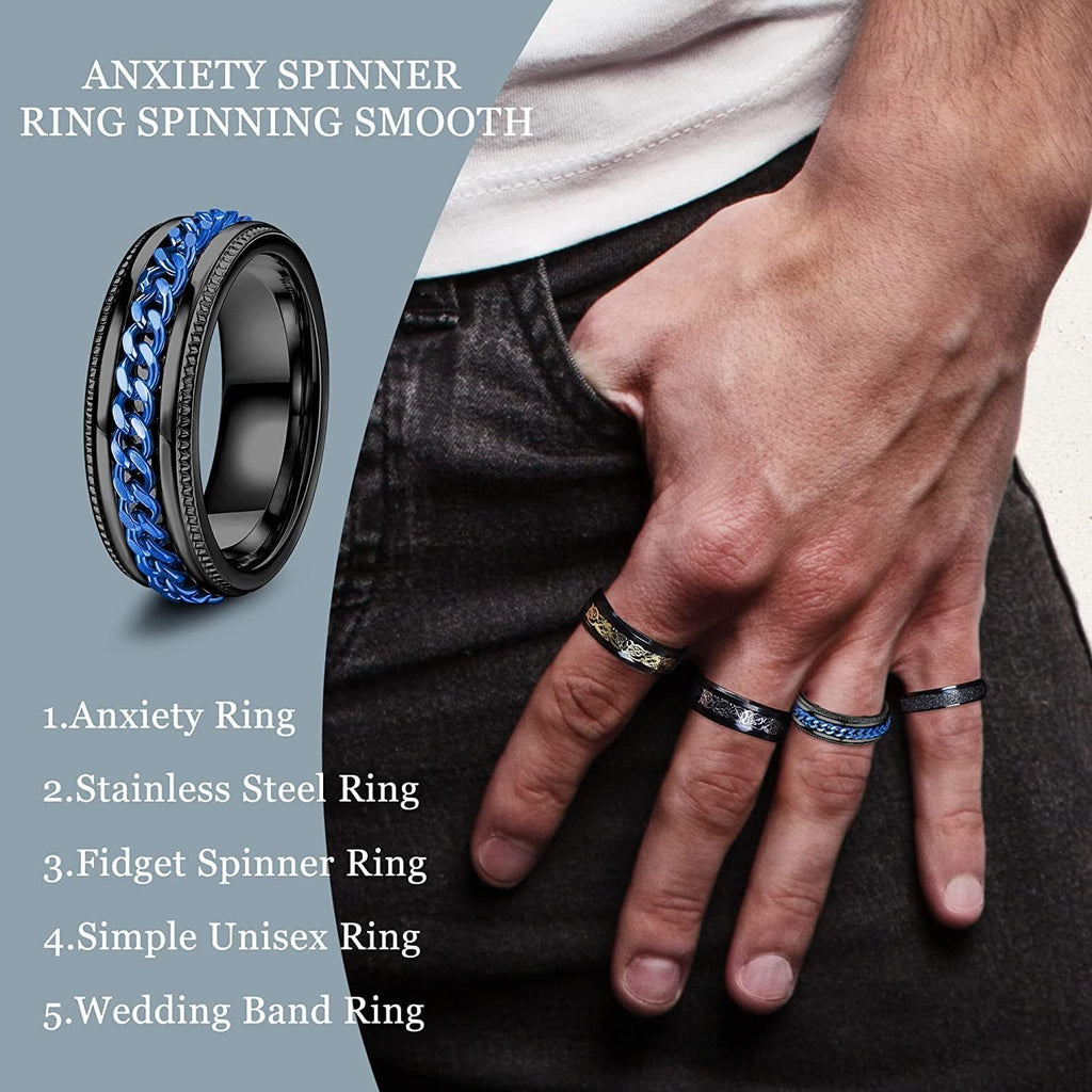 [Fidget Spinner Rings] 12pcs 316L Stainless Steel Spinner Rings | Fidget Anxiety Ring for Men, Dragon Pattern, Beveled Edges, Celtic Black Rings, Stress Relieving Wedding Promise Band Ring Set