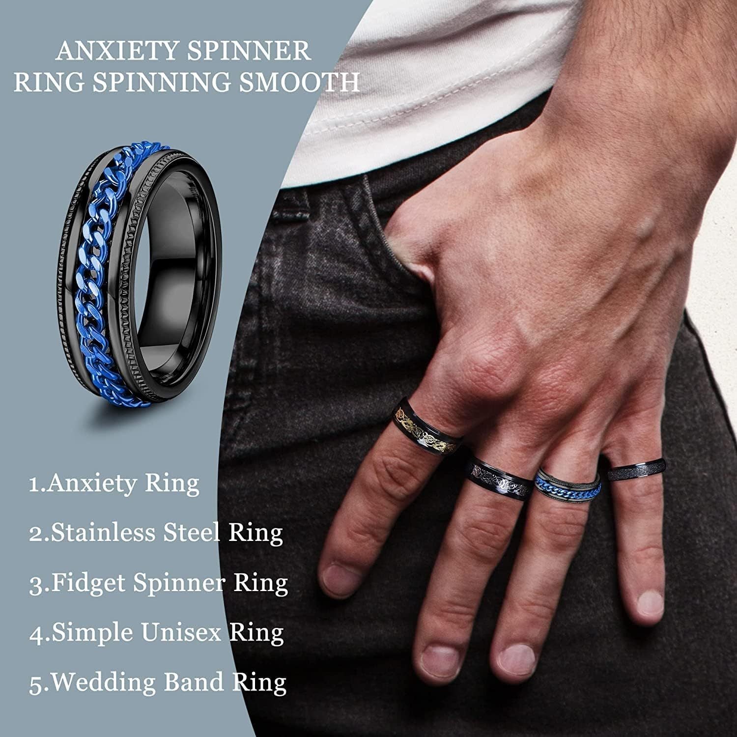 [Fidget Spinner Rings] 12pcs 316L Stainless Steel Spinner Rings | Fidget Anxiety Ring for Men, Dragon Pattern, Beveled Edges, Celtic Black Rings, Stress Relieving Wedding Promise Band Ring Set