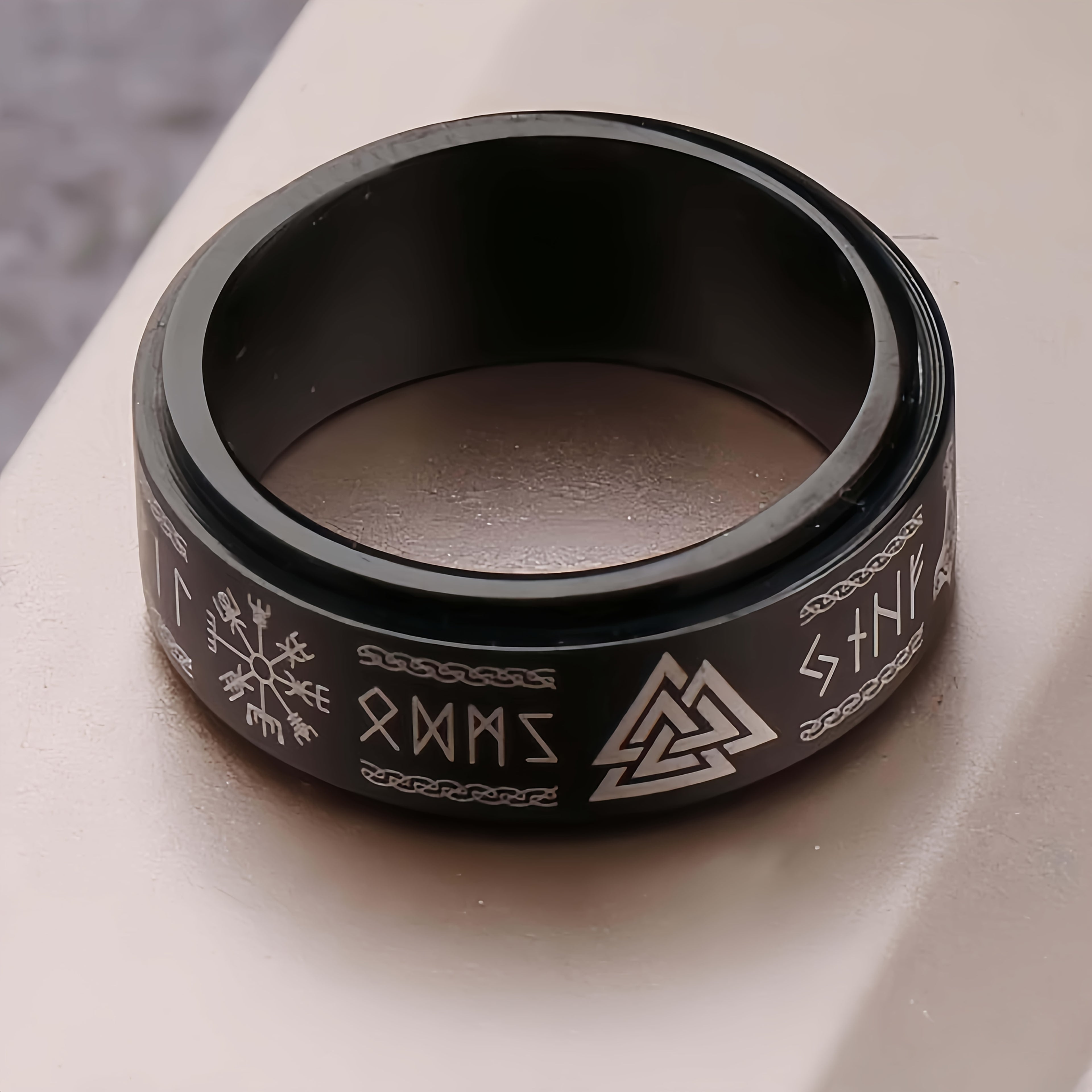 Retro Viking Nordic Style Stainless Steel Ring - Black Rotating Anxiety Ring with Intricate Knotwork & Snowflake Design, Unisex Jewelry for Men & Women, Anniversary Valentine's Father's Day Gifts