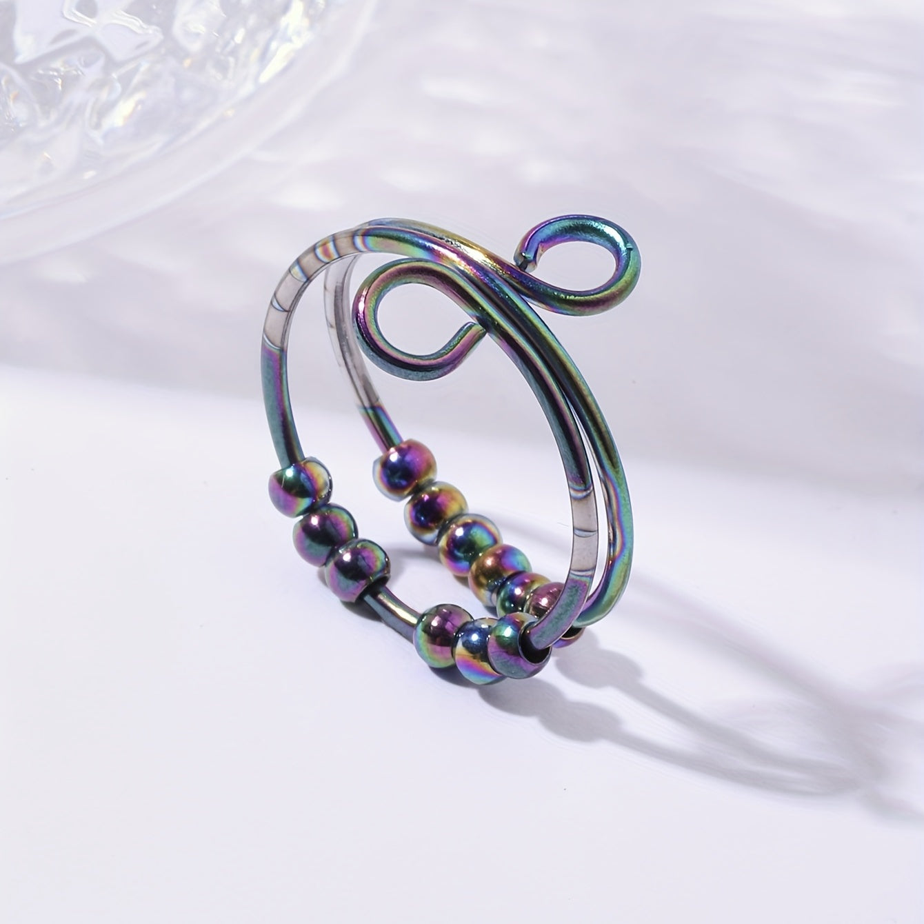[Anxiety Relief Ring] 1pc Adjustable Stainless Steel Infinity Anxiety Relief Ring | Creative Open Design with Colorful Beads, Fidget Spinner Ring Gift for Women and Girls