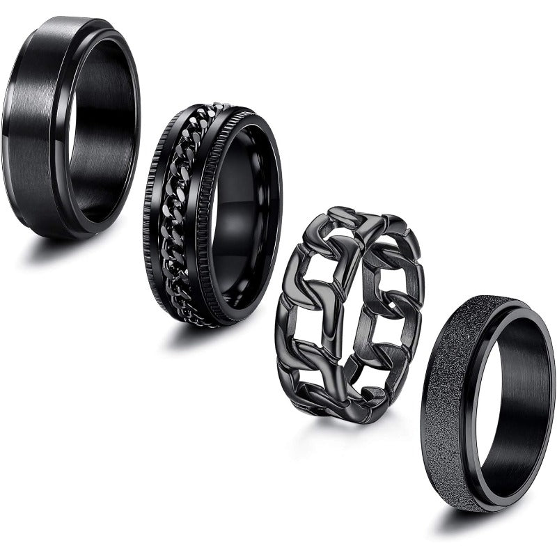 4pcs 316L Stainless Steel Anxiety Ring for Women Men Black Spinner Rings Fidget Ring Set 6-8mm Wide Stress Relieving Fashion Wedding Promise Band Rings