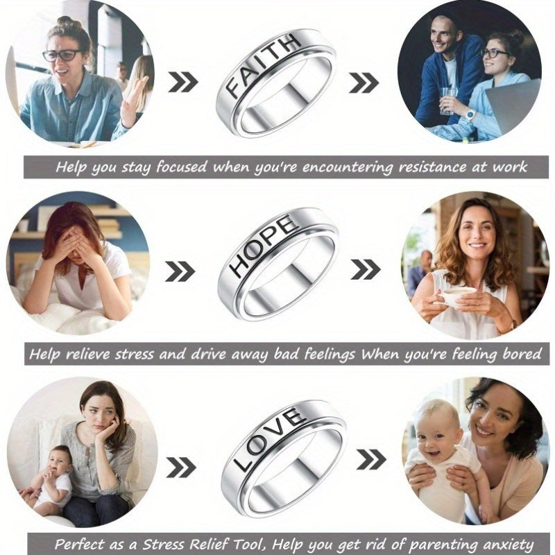 [Cool Fidget Spinner Rings] 3pcs Stainless Steel Fidget Spinner Rings Set | Cool Fidget Band for Women & Men, 6MM Wide Love Faith Hope Inspirational Wedding Promise Band Ring Set