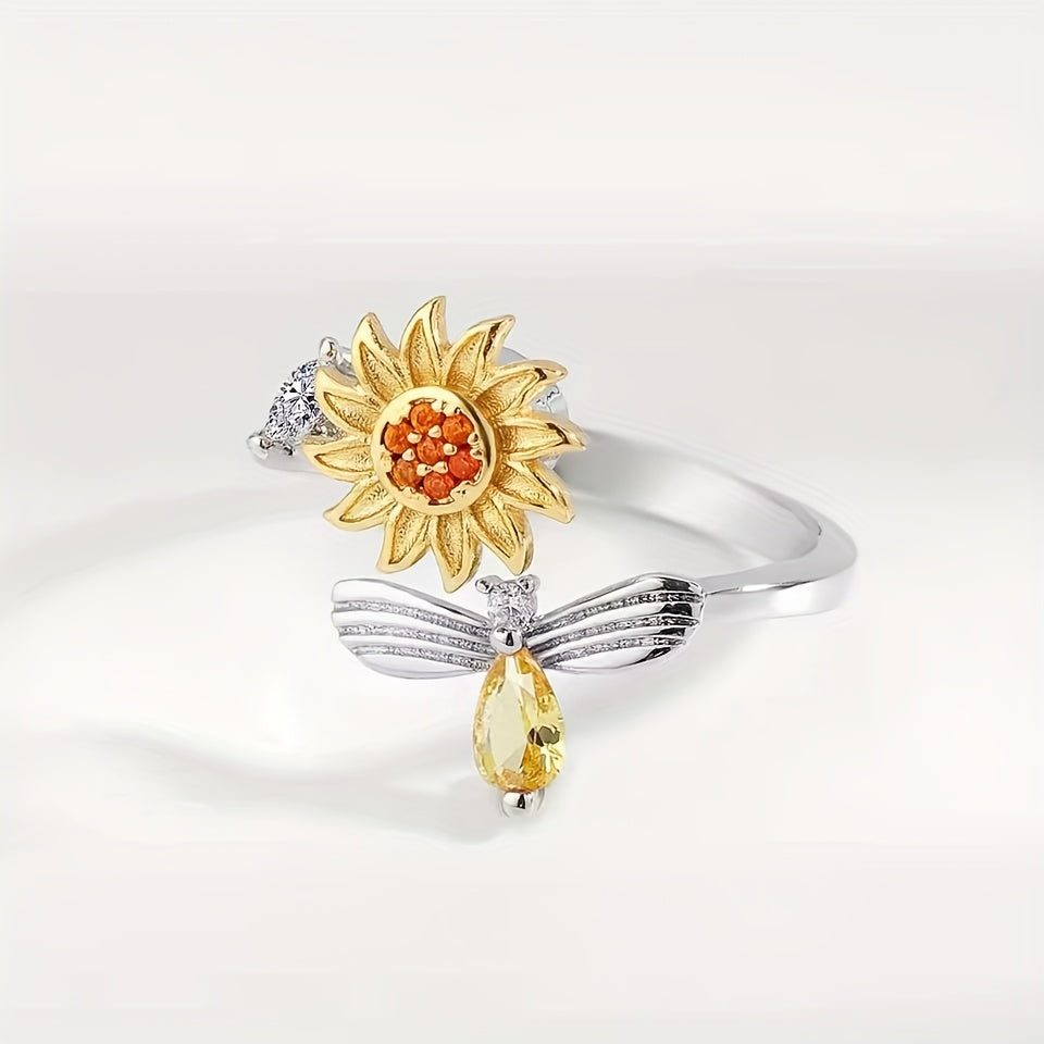 1pc Pressure-Relieving Copper Micro-Inlaid Rotating Sunflower Bee Index Finger Ring Festival Gift, For Teenager